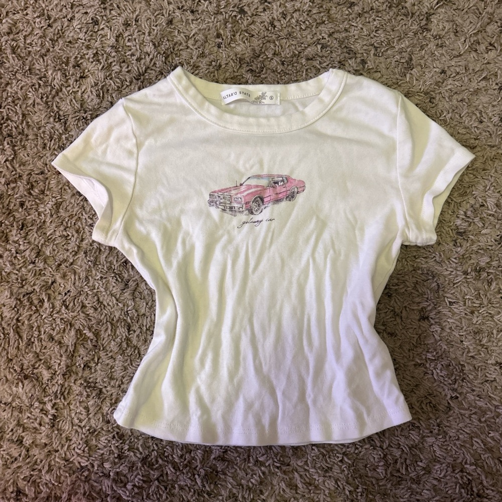 White cropped T-Shirt with Car Print